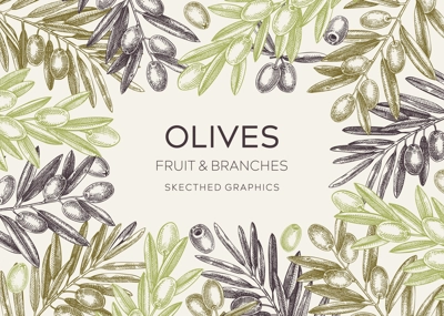 Sketched olive tree branches frame design. Hand drawn fruit and leaves background in engraved style. Vegetable oil ingredients banner template for print. Olive plant sketches in vintage colors